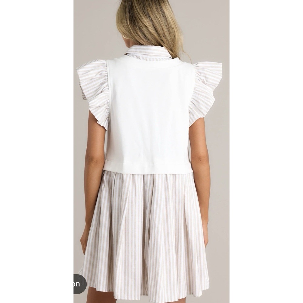 Entro Out For Fun Sand Striped Pleated Ruffle Shirt Dress Women's Size Large - Picture 2 of 14